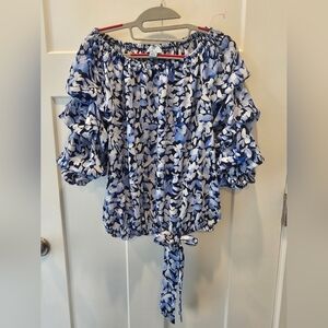 CeCe Blue Floral Ruffle Sleeve Blouse Small Tie Front Off Shoulder Top